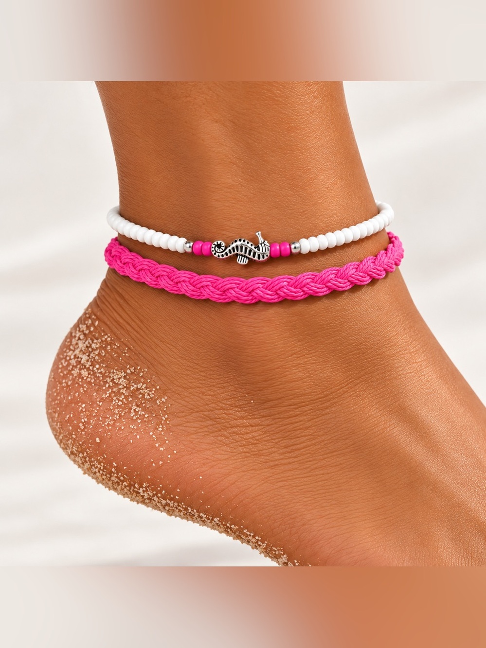 Pink & White Seahorse Beaded Braided Anklet Set | 2-Piece Beach Jewelry | New